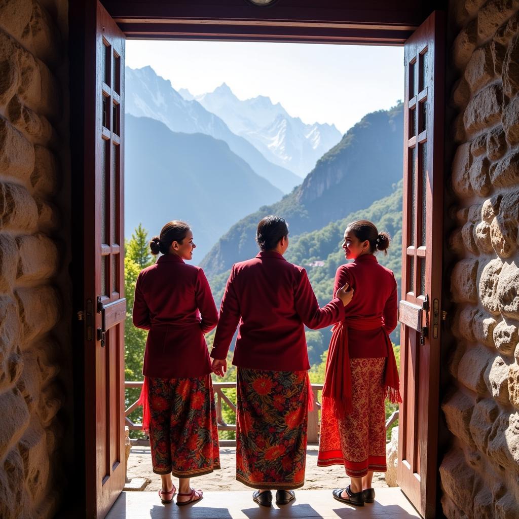 Nepali family welcoming guests to their traditional homestay in Ghandruk