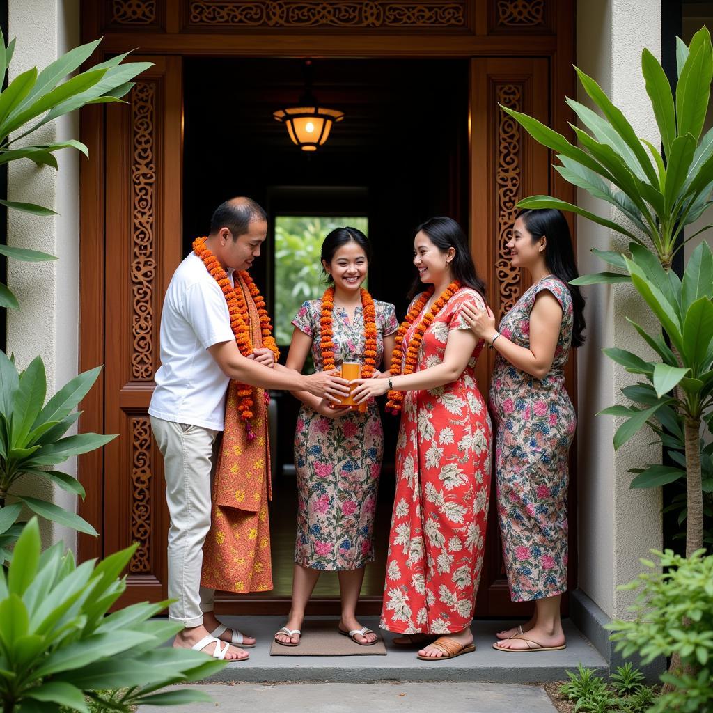 Balinese family welcoming guests into their traditional homestay in Gianyar