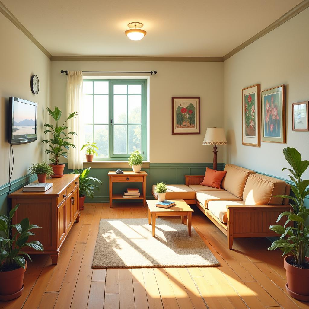 Interior view of Gitanjali Homestay Mysore, showcasing the comfortable living space and local decor.