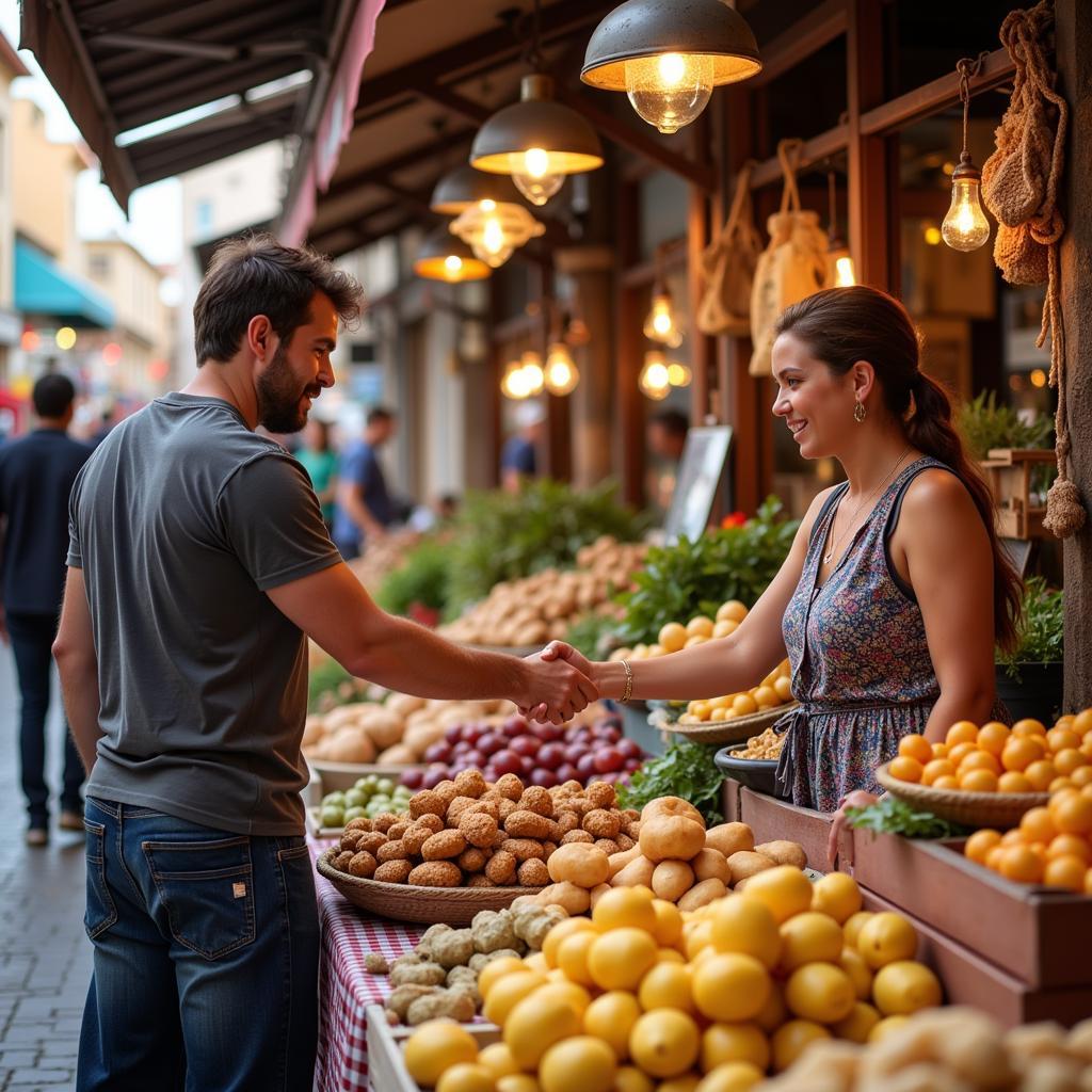 Exploring a Spanish market with a local host during a golden eagle homestay