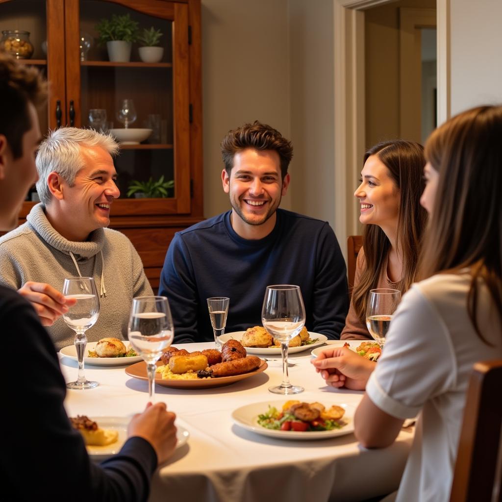 Griffith University student enjoying a meal with their Spanish host family