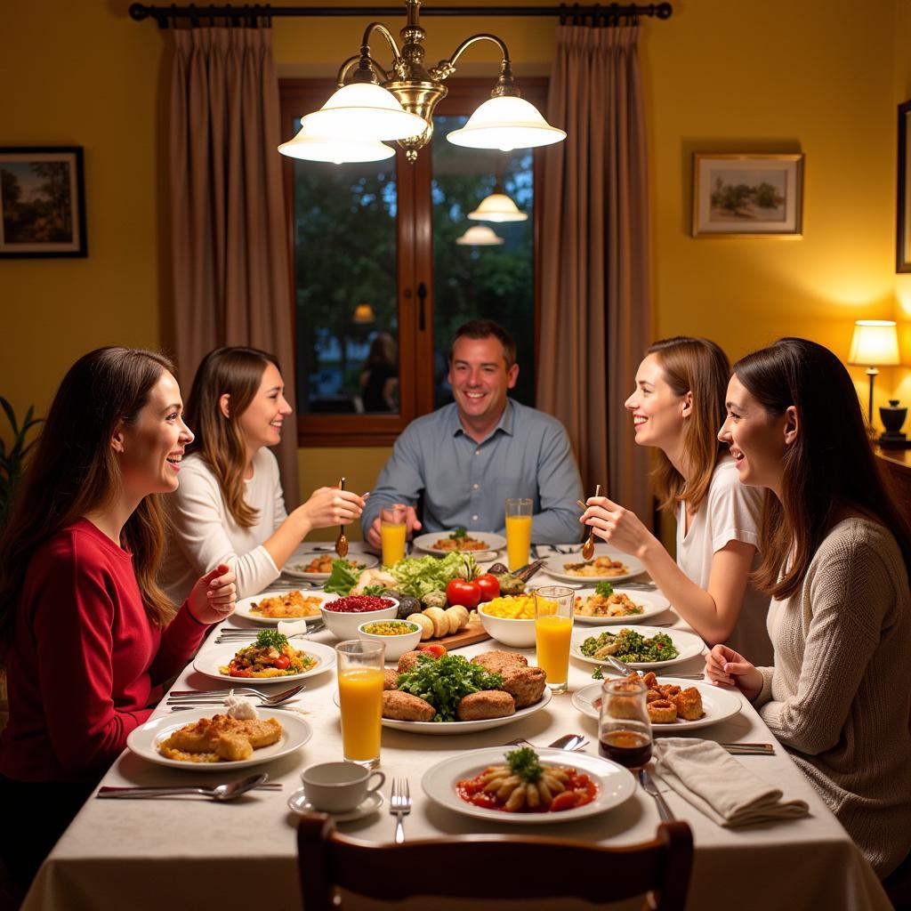 Guests Enjoying a Home-cooked Meal in a Spanish Homestay