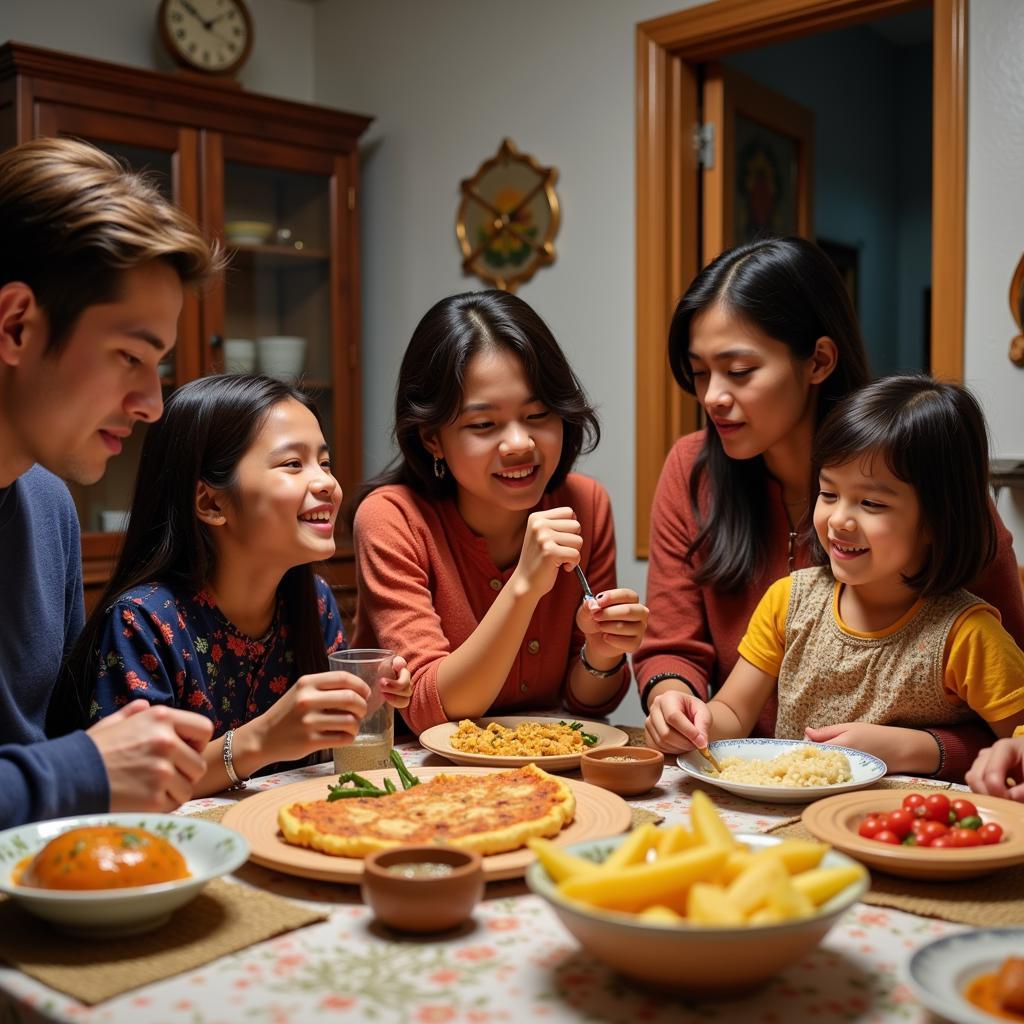 Family enjoying a traditional meal together at Hakkimane Homestay.