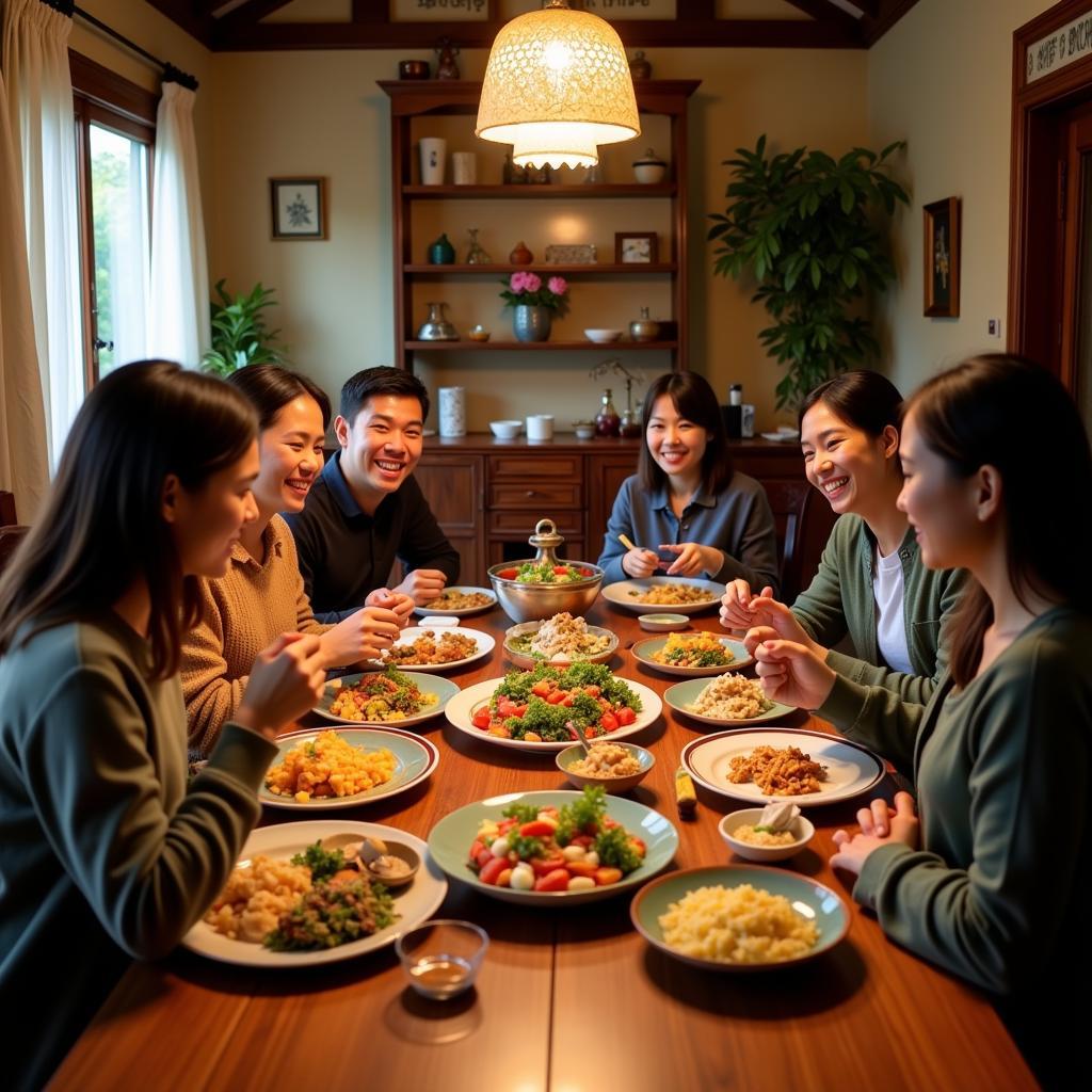 Family enjoying a traditional Vietnamese dinner at a Hanoi homestay