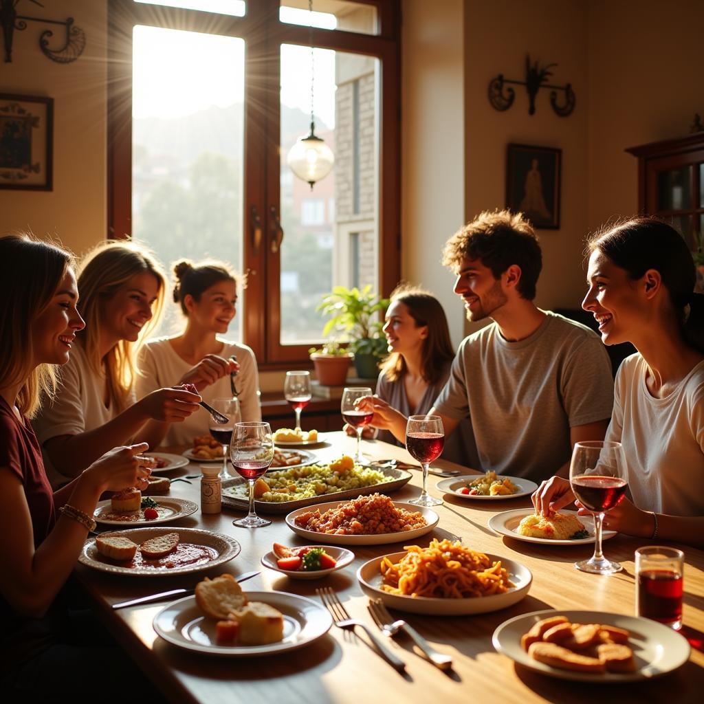 Family enjoying a meal together in a Spanish homestay