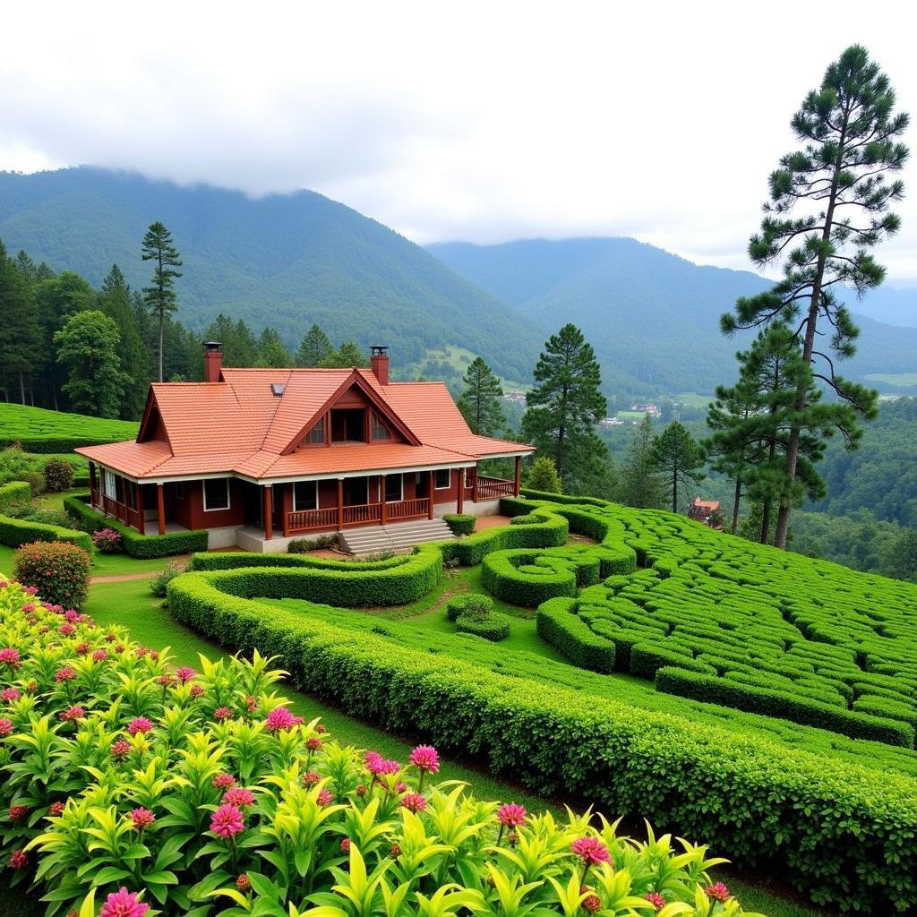 Exterior view of Heidi Homestay in Nuwara Eliya, showcasing its charming architecture and surrounding landscape.