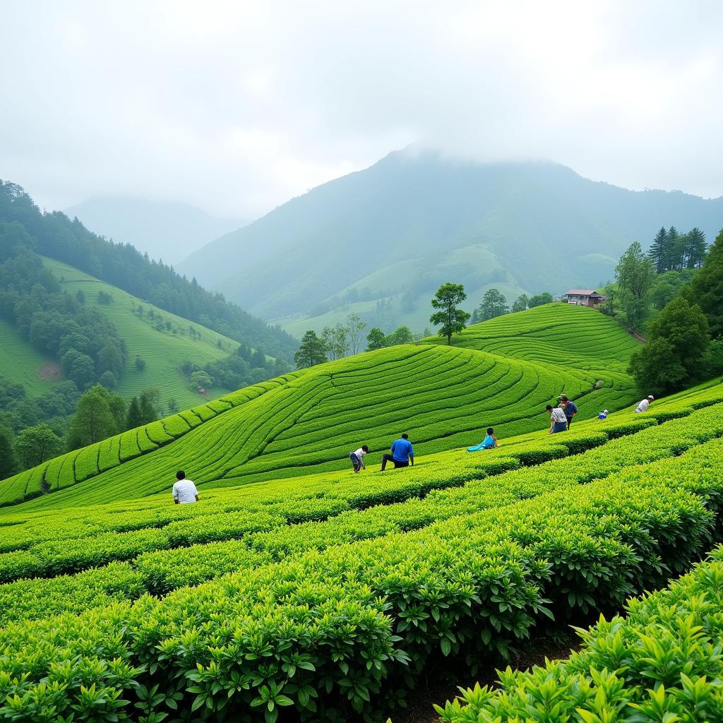 View of a lush tea plantation near Heidi Homestay, showcasing the scenic beauty of Nuwara Eliya's tea country.