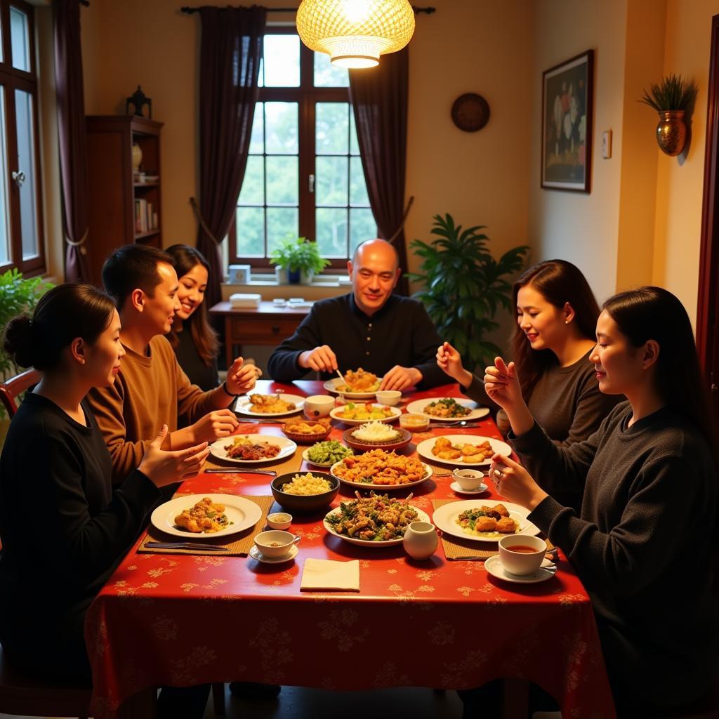 Guests enjoying a family dinner with their hosts in a Hoi An homestay