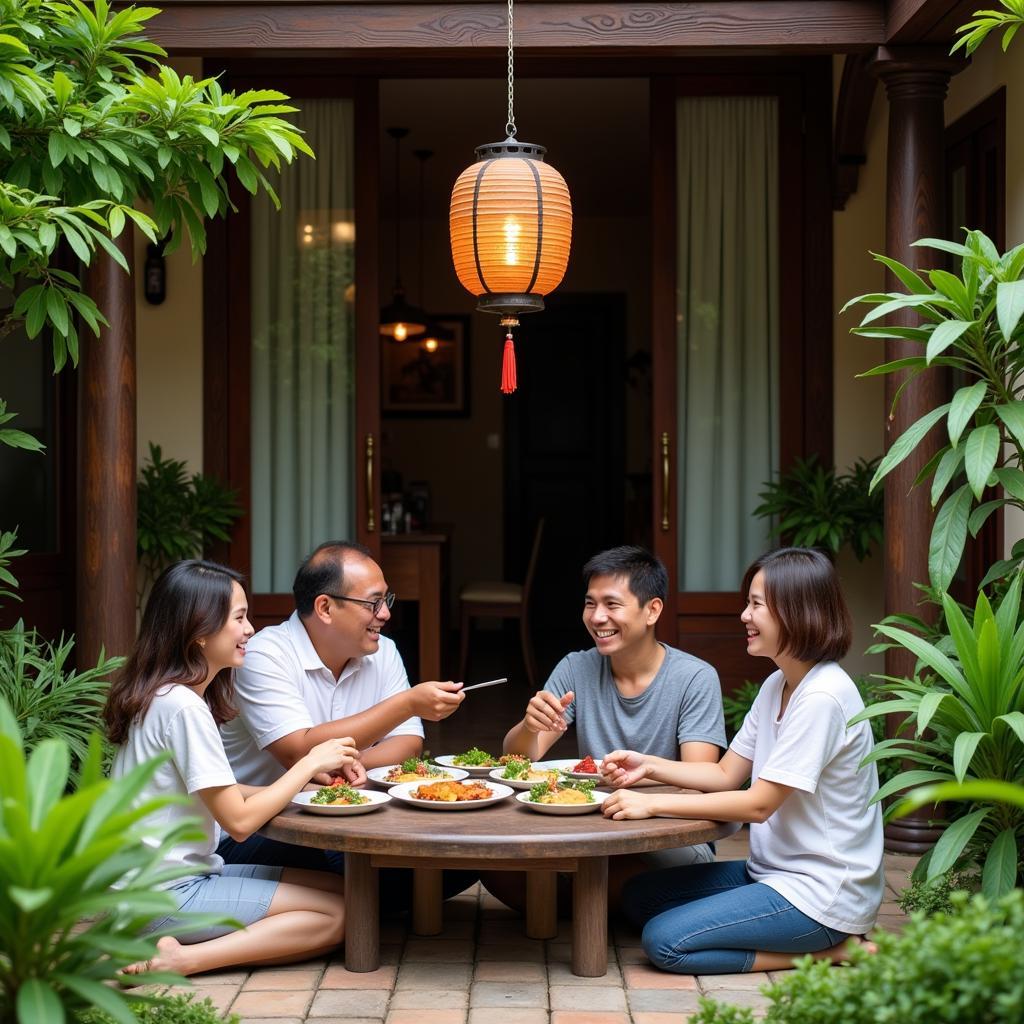 Family enjoying a meal together at a rustic homestay in Hoi An