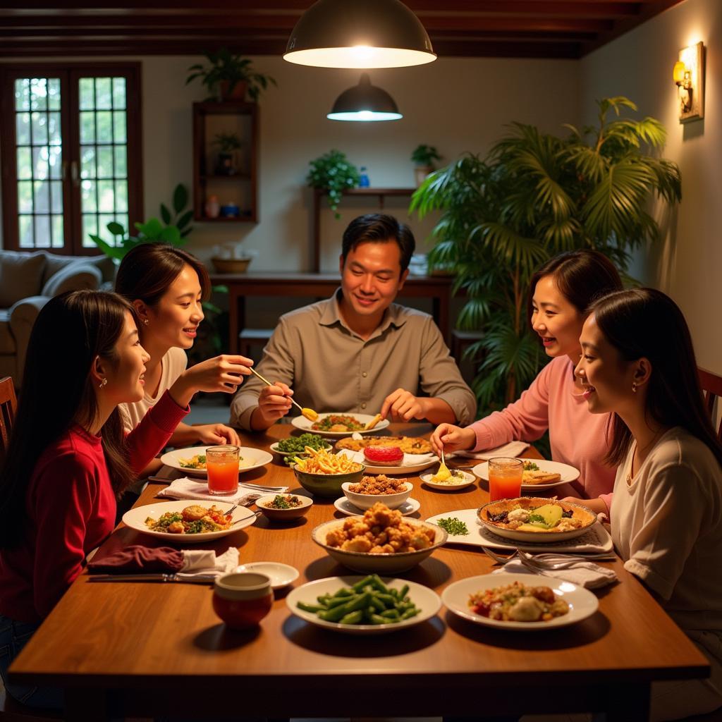 Family enjoying a traditional Vietnamese dinner at a homefarm homestay in Da Lat