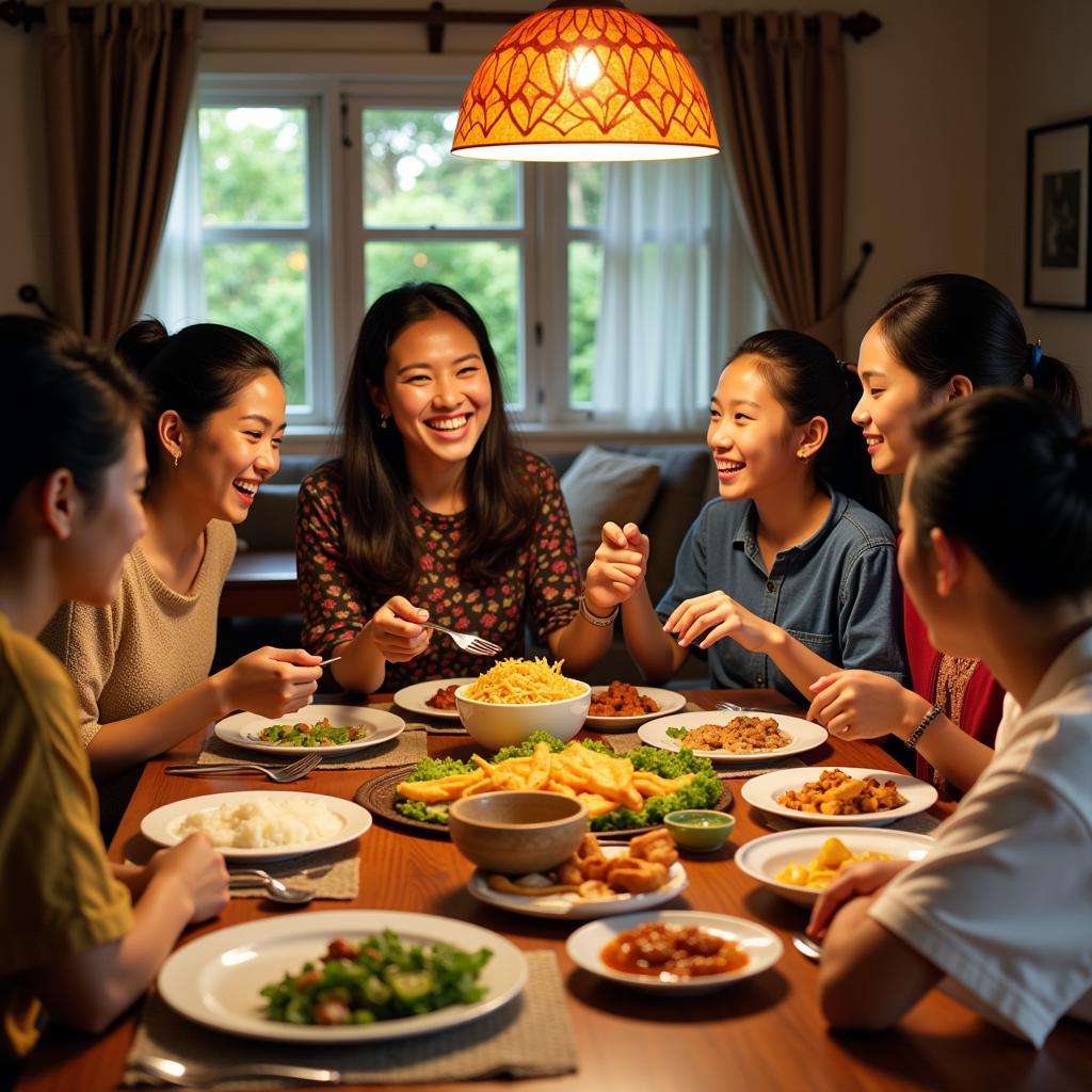 Family enjoying a traditional Malaysian breakfast at a homestay in Air Keroh, Melaka