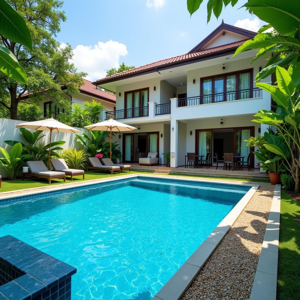 Modern homestay in Bagan Lalang with a private pool and lush greenery