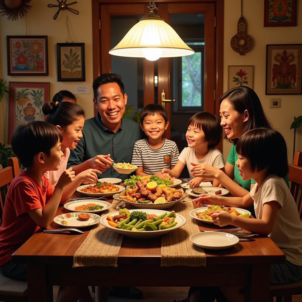 Family enjoying a meal together in a Balok Kuantan homestay