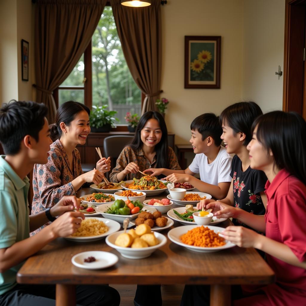 Family enjoying a traditional Malaysian meal in a homestay in Bandar Maran Pahang