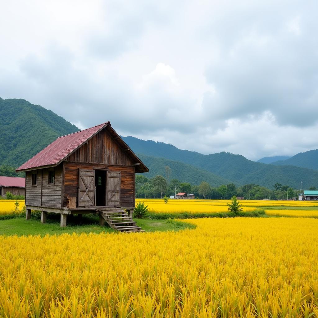 A traditional Malaysian cabin overlooking the vast paddy fields of Sekinchan, offering a glimpse into rural life.