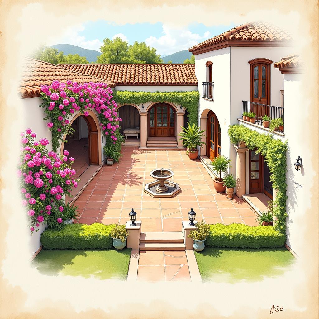 Homestay design blueprint showcasing a traditional Spanish villa with a courtyard and vibrant bougainvillea.