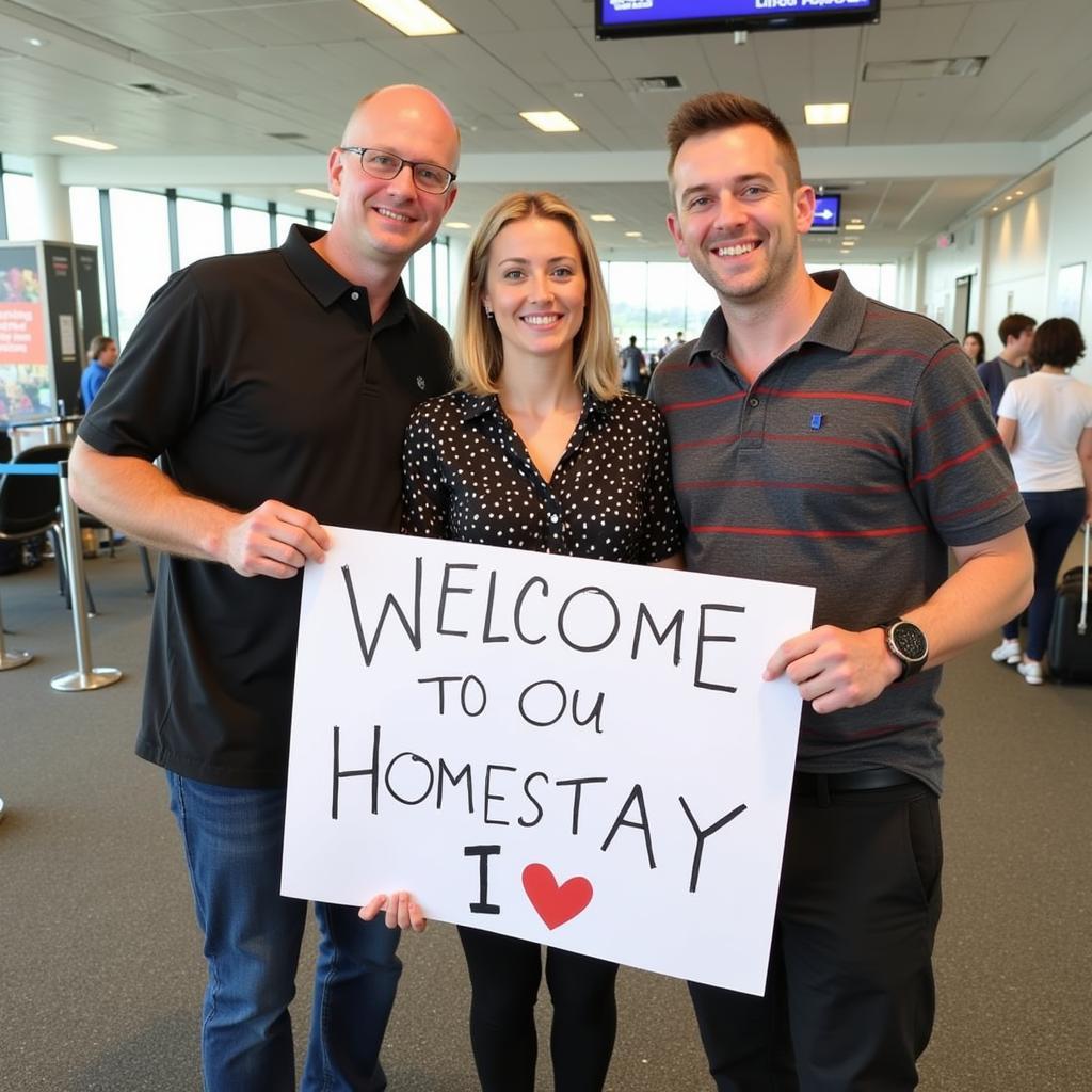 A welcoming homestay family greets a student at the Brisbane airport