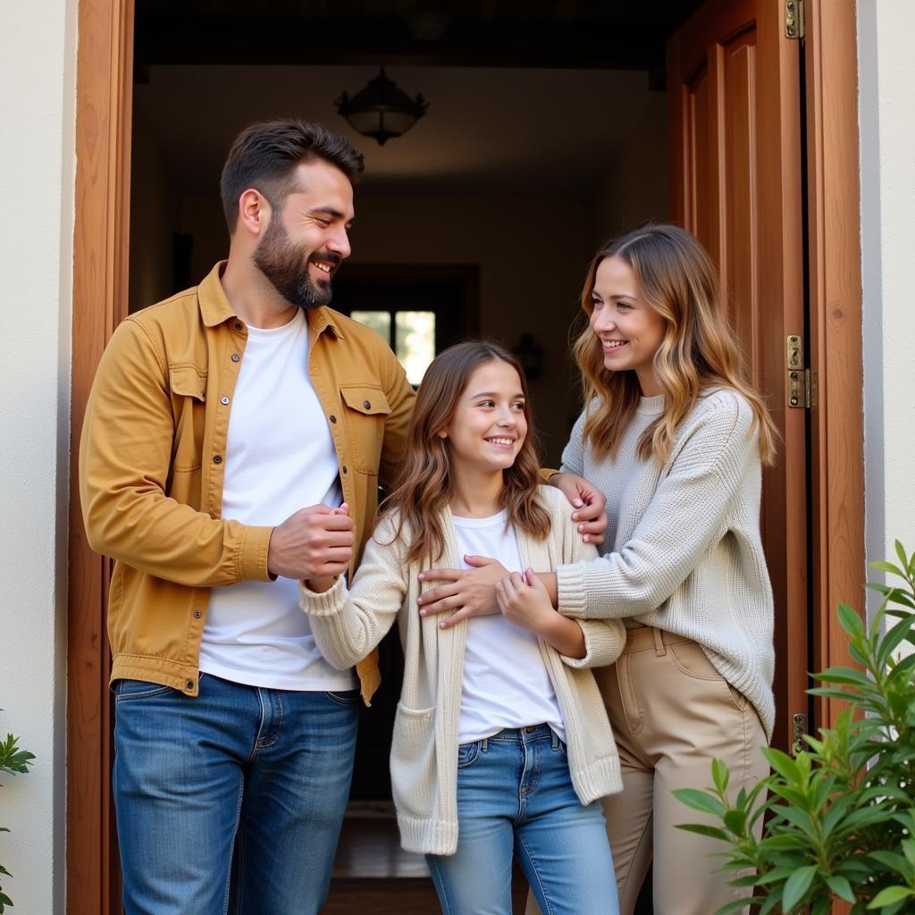 A happy Spanish family welcoming a homestay guest into their home