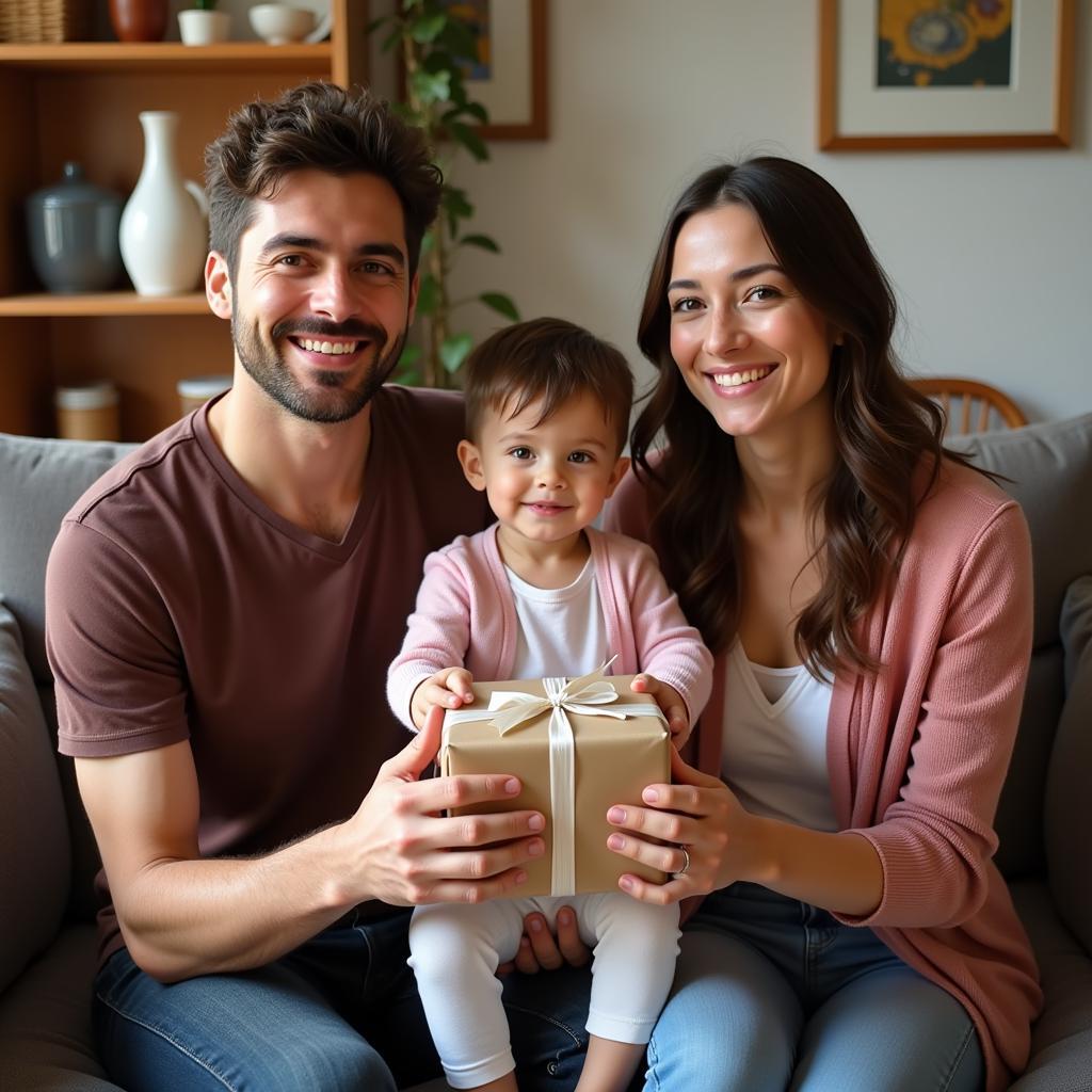 Homestay guest presenting a gift to their Spanish host family.