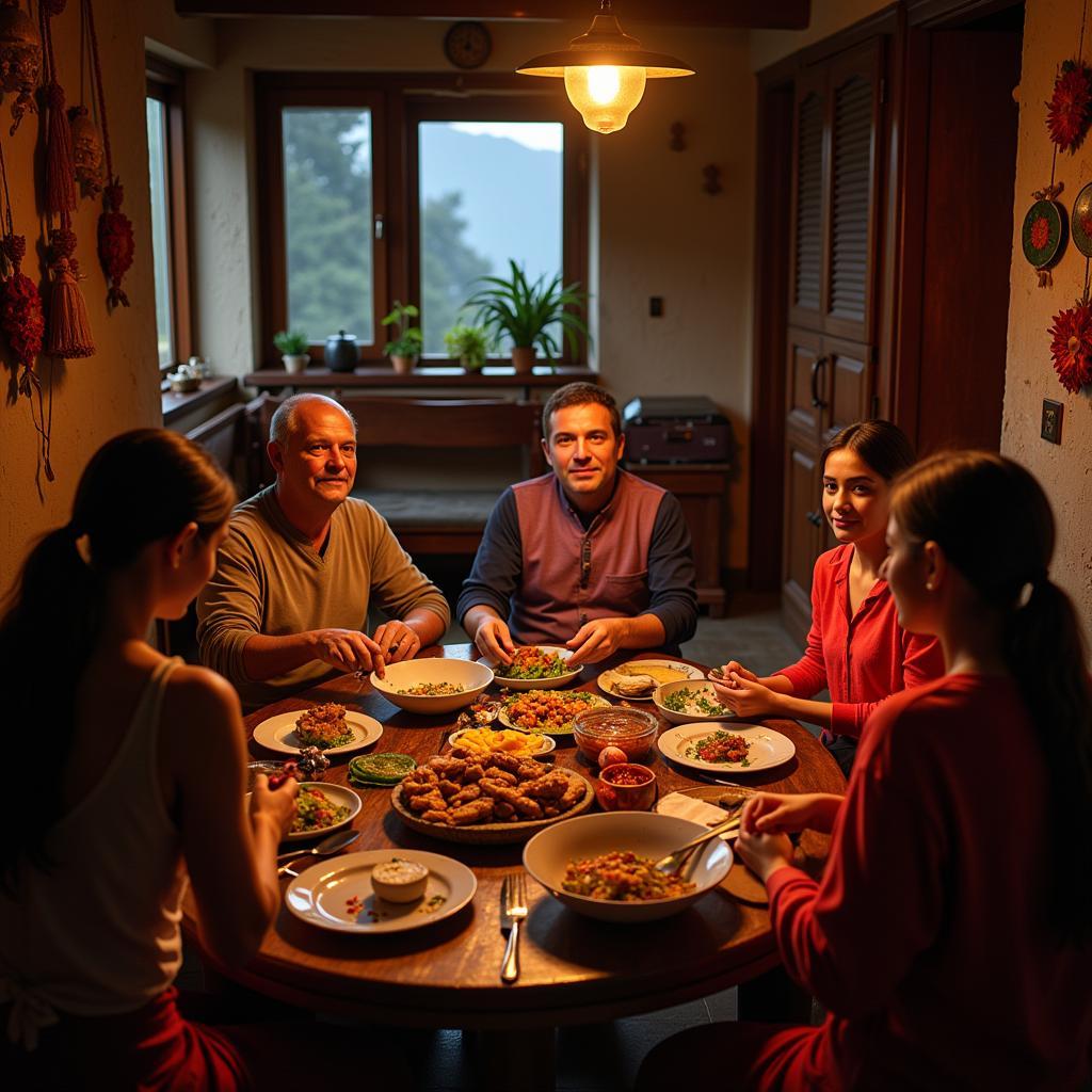 Family enjoying a meal together in a Himalayan homestay