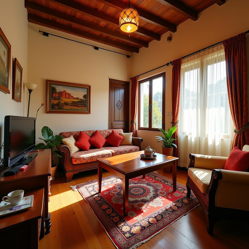 Homestay Business Plan in India: A cozy living room in a homestay in India with comfortable seating, local decorations, and a welcoming atmosphere.