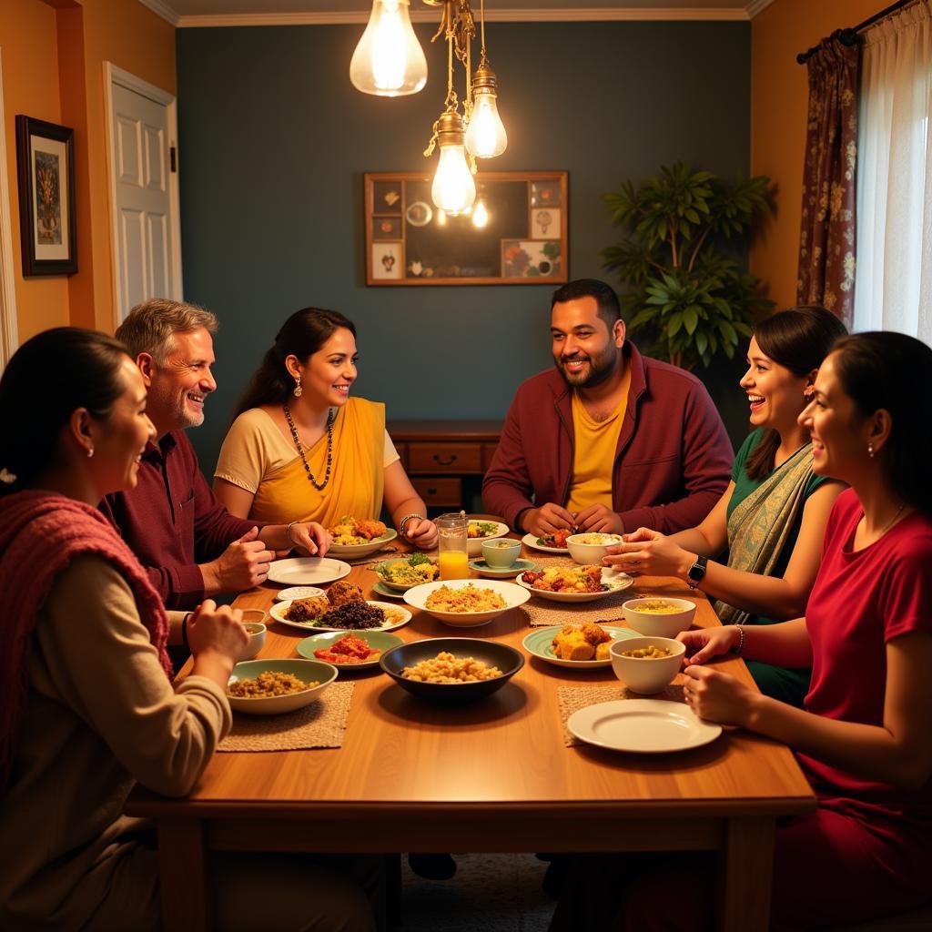 Family enjoying a traditional Indian dinner during a homestay