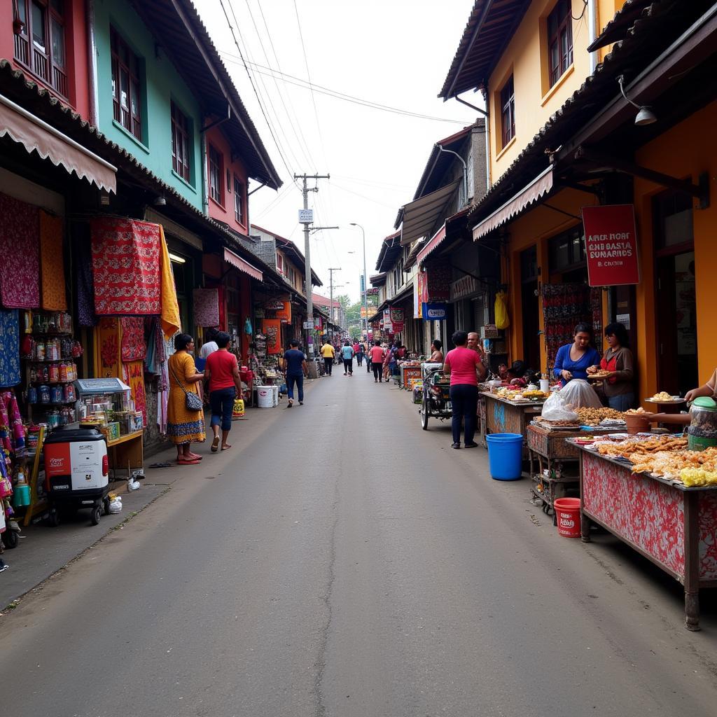 A vibrant street view of Malioboro with traditional shops and street vendors, showcasing the bustling atmosphere near the homestays.