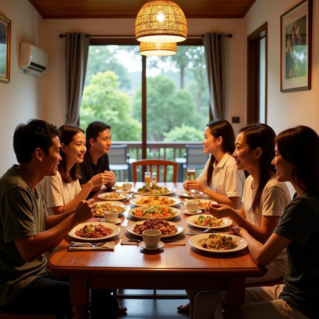 Family enjoying a traditional Malaysian meal in a homestay in Kamunting