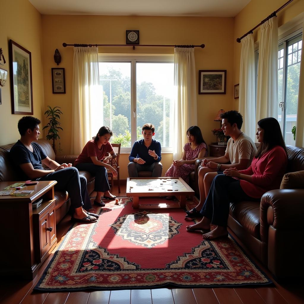 Family enjoying their stay at a homestay in Kuala Terengganu, playing games and laughing together in the living room.