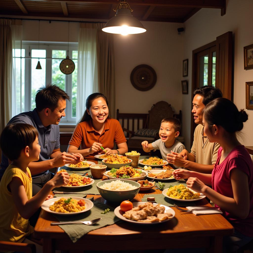 Family enjoying a traditional Sarawakian dinner at a homestay in Kuching Matang