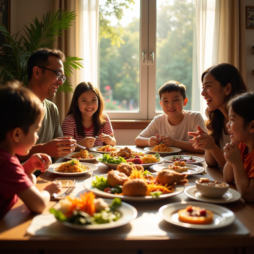 Family enjoying a traditional Malaysian meal in a Kulai homestay