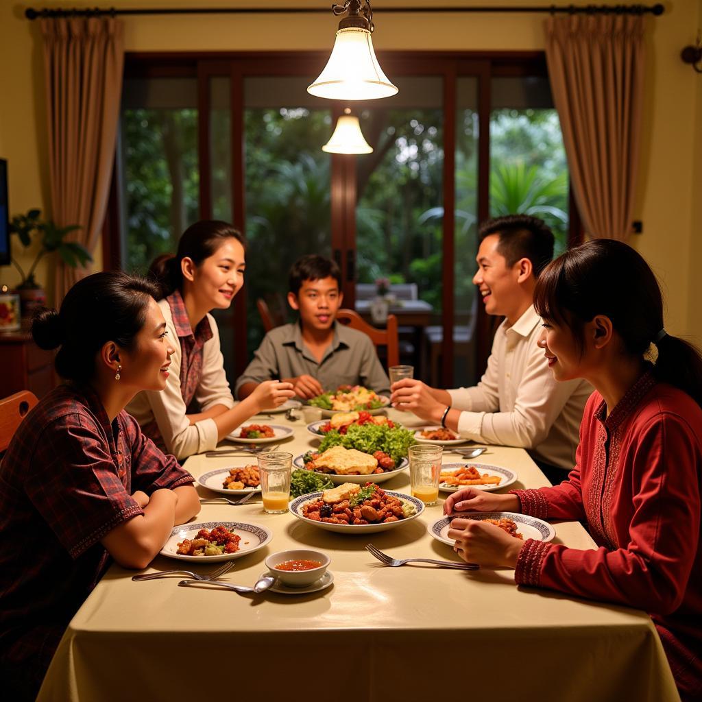 Family enjoying a traditional Malaysian dinner at a homestay in Kulim Utama