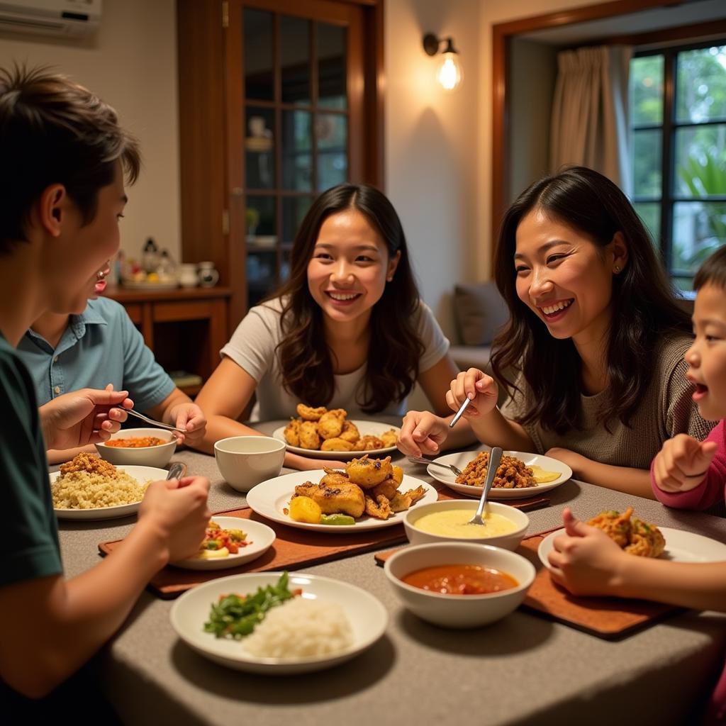 Family enjoying a traditional Malaysian dinner in a Langkawi homestay