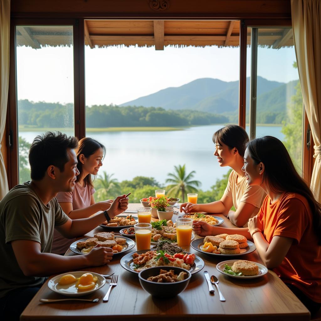 Malaysian Family enjoying breakfast at a homestay with a view of the marina