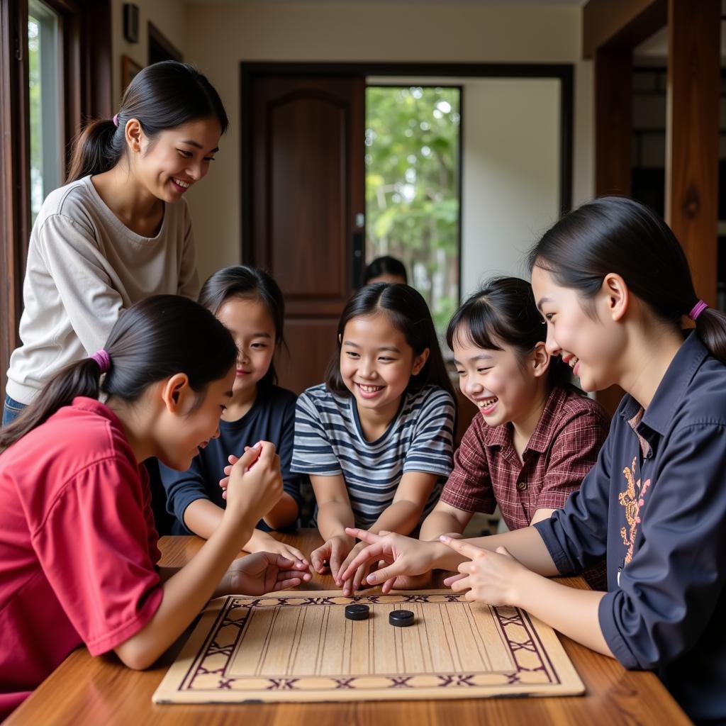 Homestay guests enjoying a traditional Malaysian game with their host family