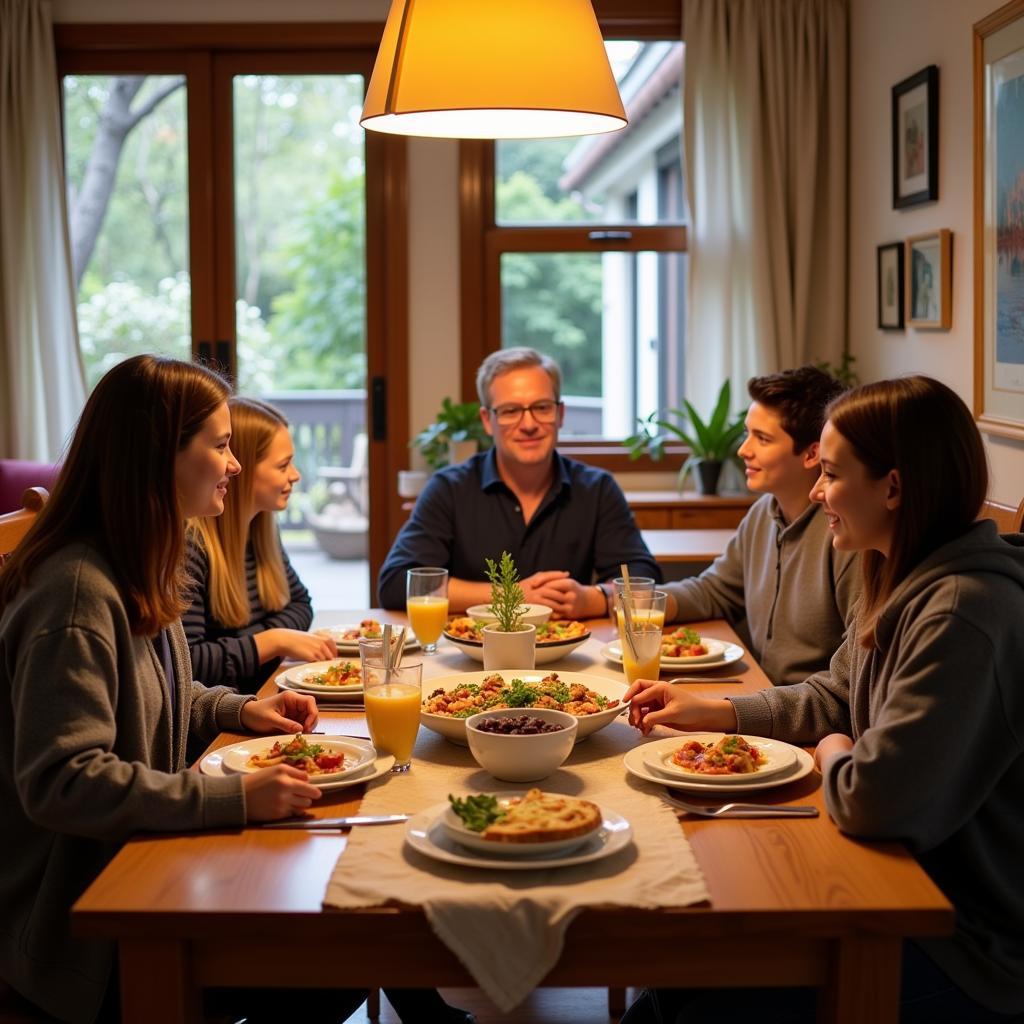 Students enjoying a meal with their homestay family near RMIT University