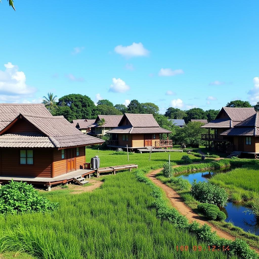 Tranquil village scene near Umai, Melaka with traditional Malay houses.