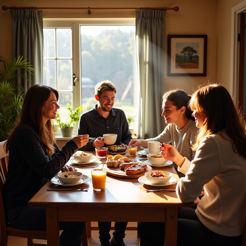 A Kiwi family enjoying breakfast together in their cozy home, showcasing the warm and welcoming atmosphere of a New Zealand homestay.