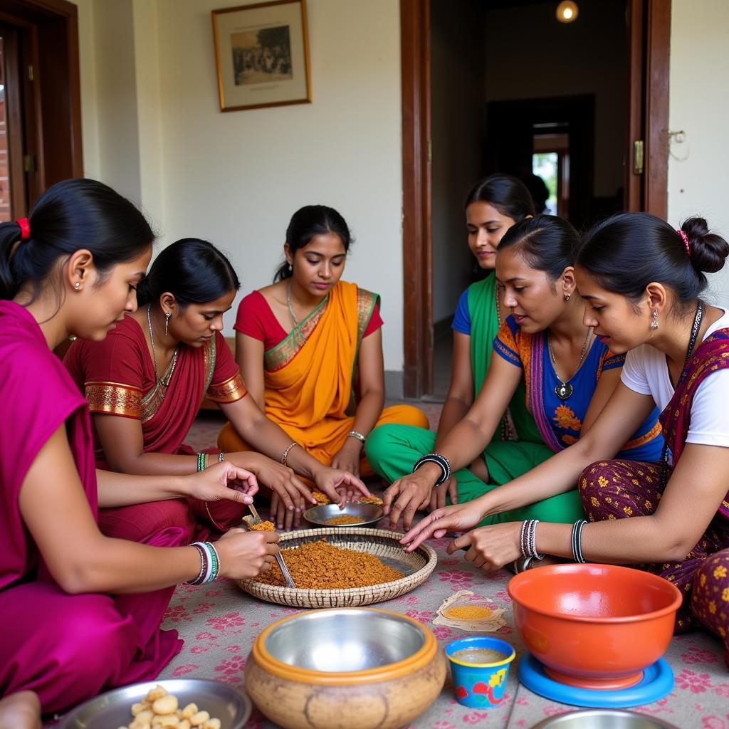 Guests interacting with locals in a North Indian village homestay