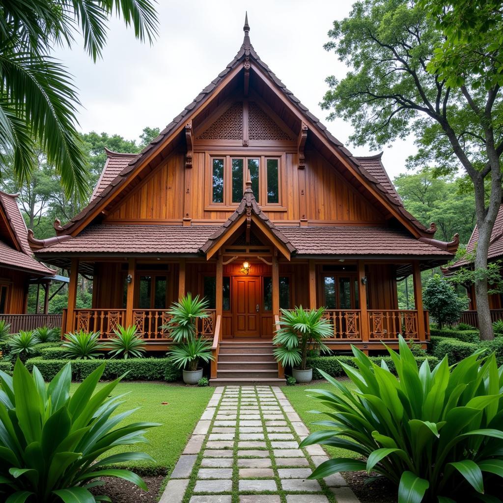 Exterior view of Homestay Nurmizan in Kuala Rompin, Pahang, showcasing traditional Malaysian architecture and lush greenery.