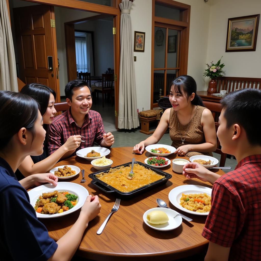 Family enjoying a meal together in a Pekan Meru homestay