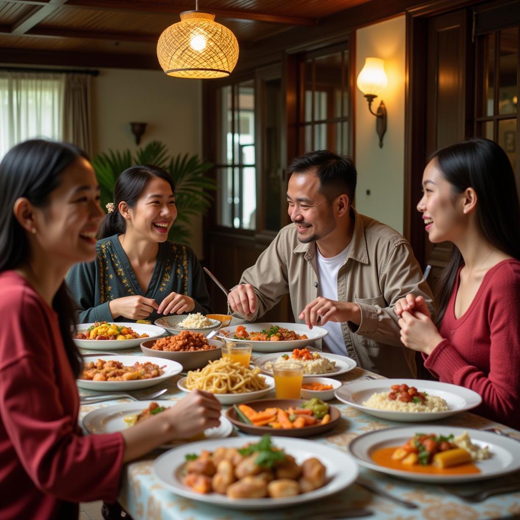 Family enjoying a traditional Malaysian meal in a Pulau Indah homestay