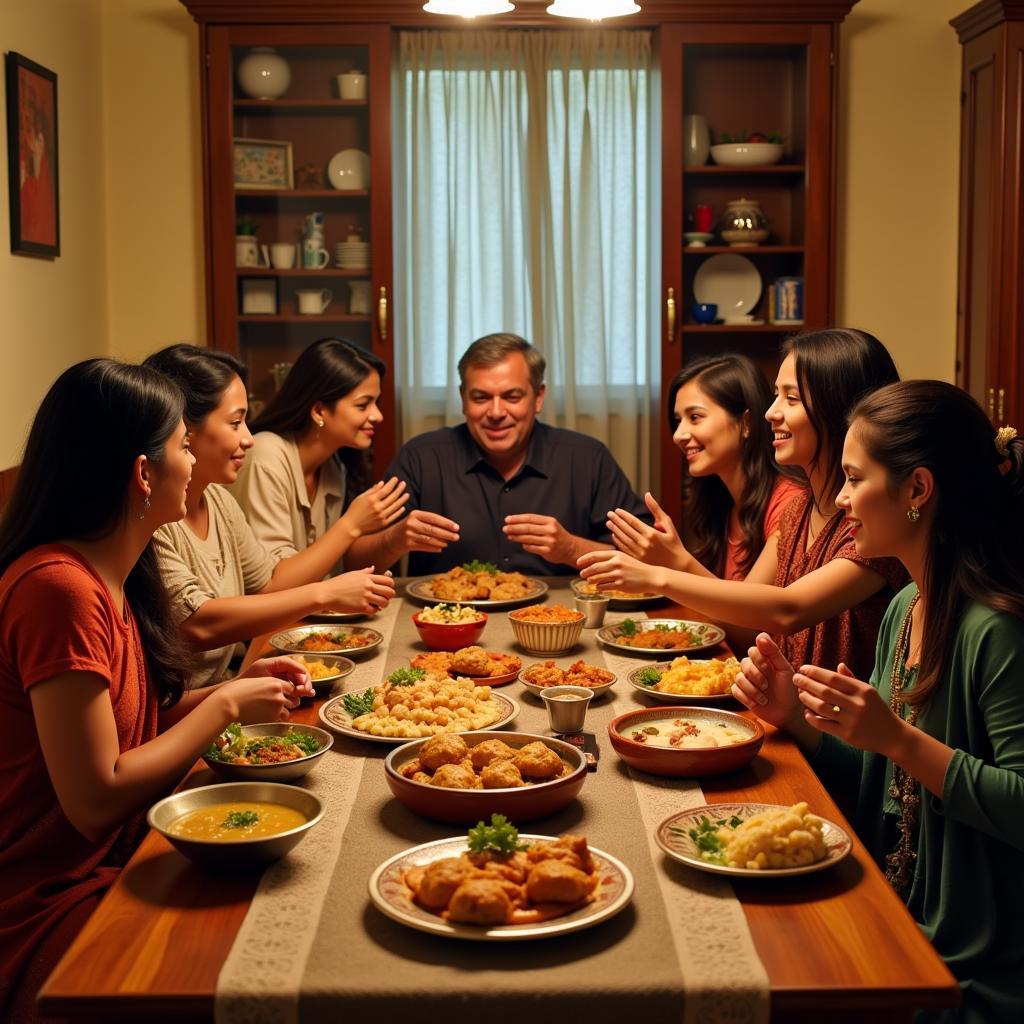 A family enjoys a traditional Indian dinner together in a cozy homestay in Karnataka.