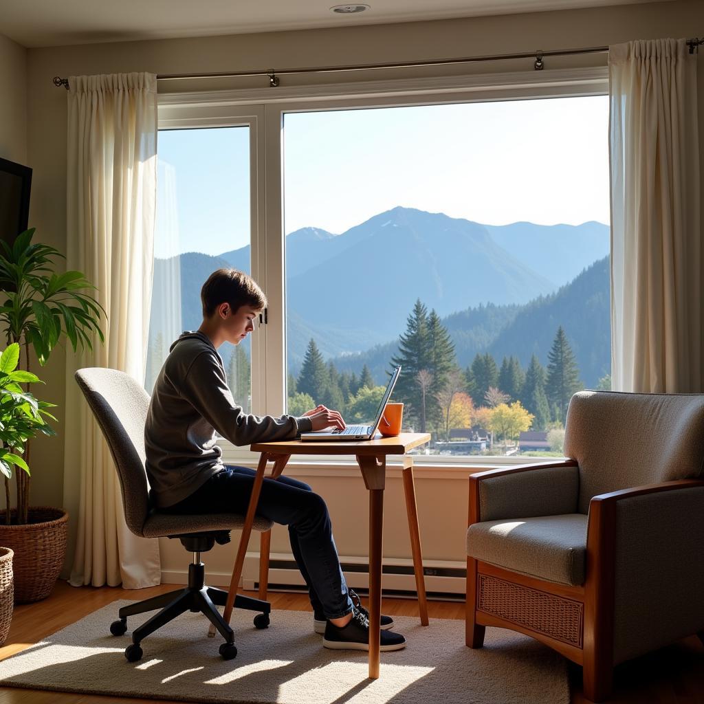 A homestay student studying in their room in a West Vancouver home, with a view of the mountains.