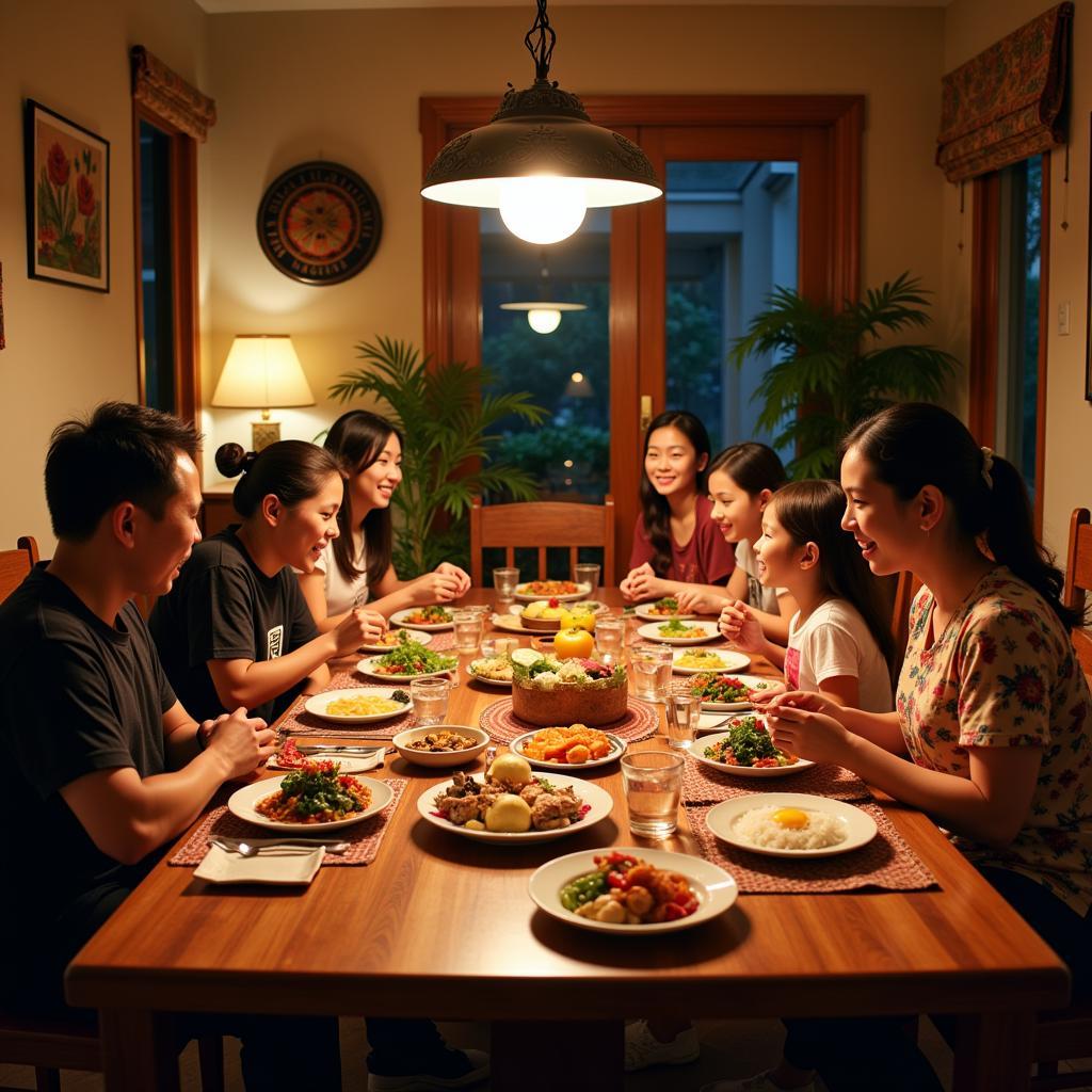 Family enjoying a meal together in a traditional Malaysian homestay in Sungai Udang, Melaka