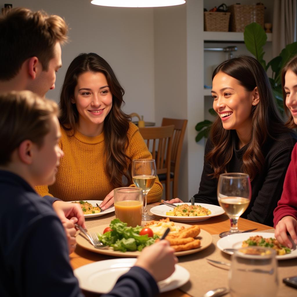 A warm and inviting family dinner scene in a Toronto homestay, with smiling faces gathered around a table laden with food.