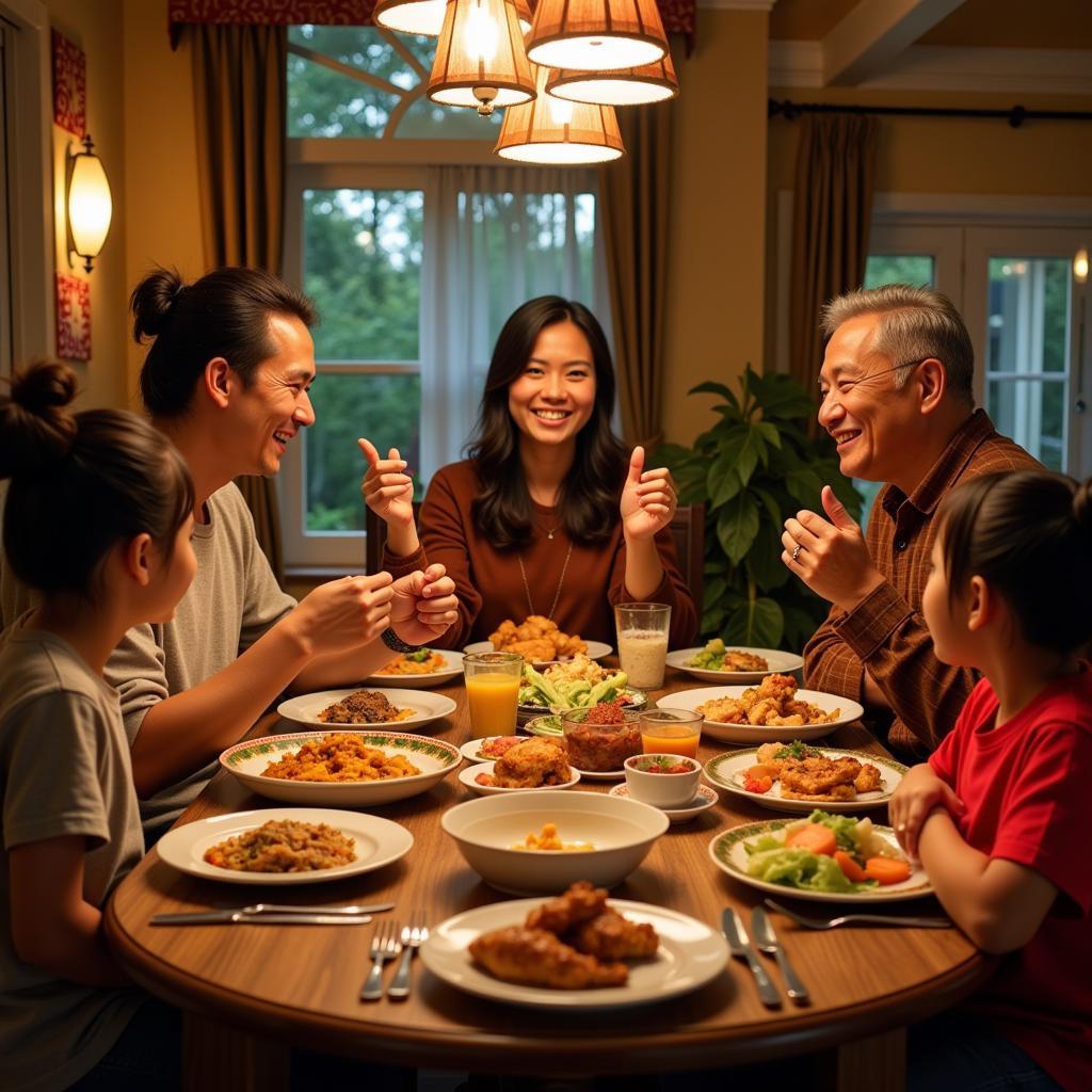 Family enjoying a traditional Malaysian meal in a homestay in Yan, Kedah