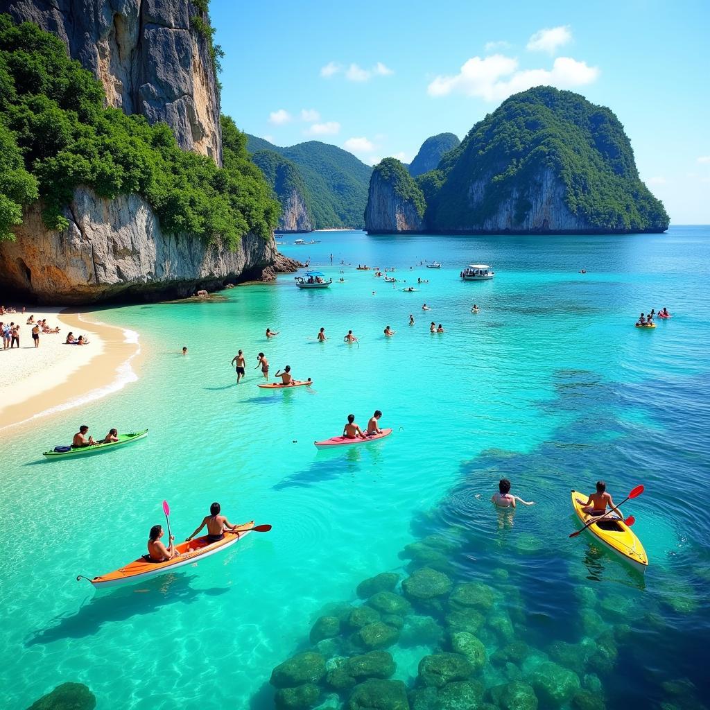 Tourists enjoying beach activities on Hon Son Island