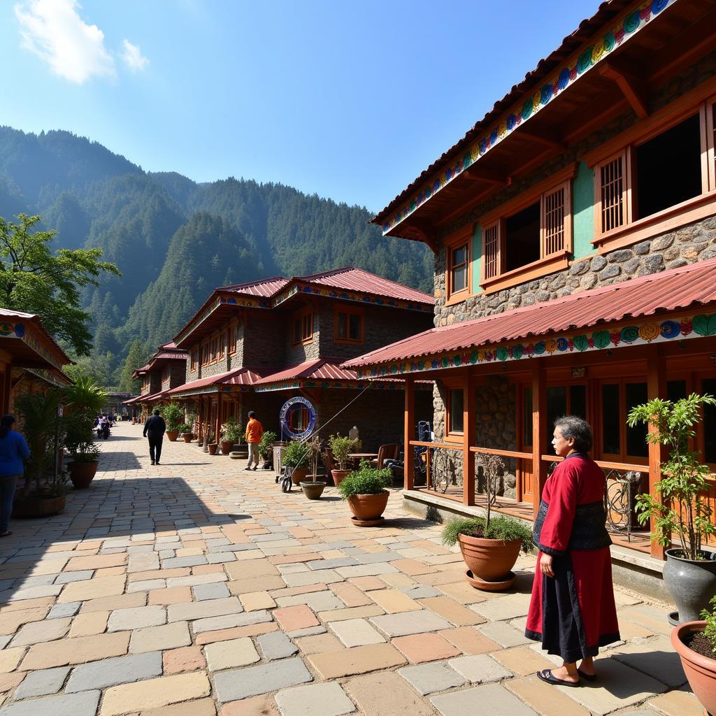 Exterior view of Hotel Limboo Homestay in Yuksom, Sikkim, showcasing traditional architecture and surrounding Himalayan landscape.