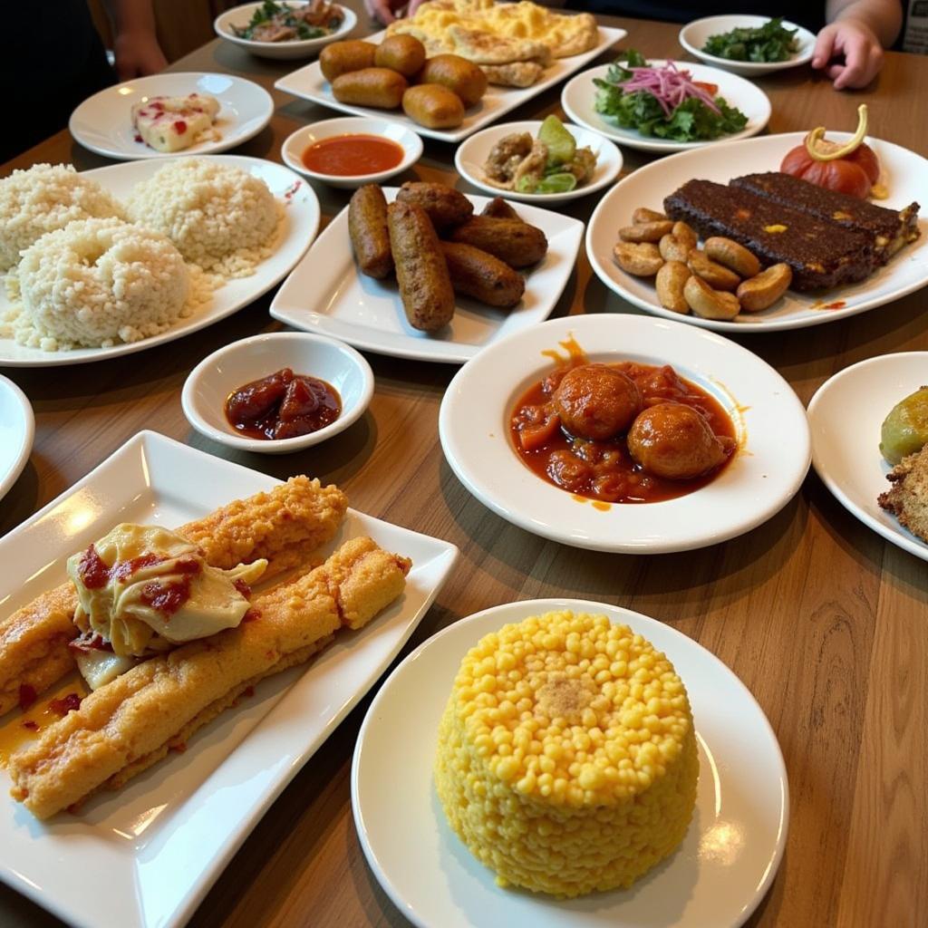 A table laden with delicious Malaysian dishes, representing the local cuisine available near a house hill homestay in Selangor.